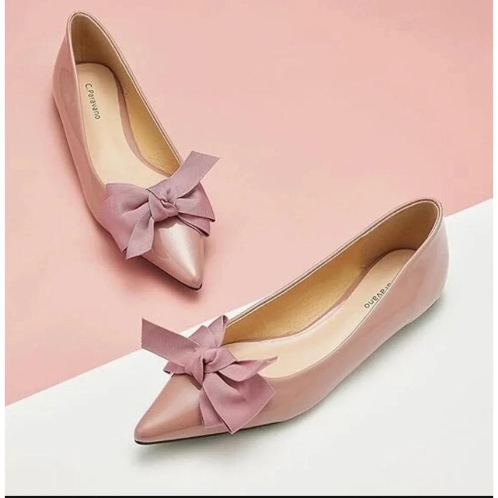 C.Paravano Pointed Toe Bow Ballet Flats Pink Leather Women 41 10 New
